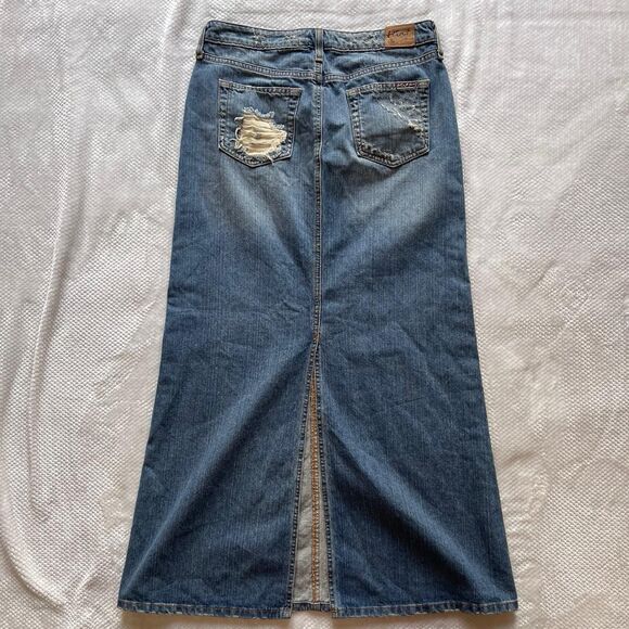 VINTAGE HINT JEANS DISTRESSED DENIM MAXI SKIRT - Picture 2 of 7